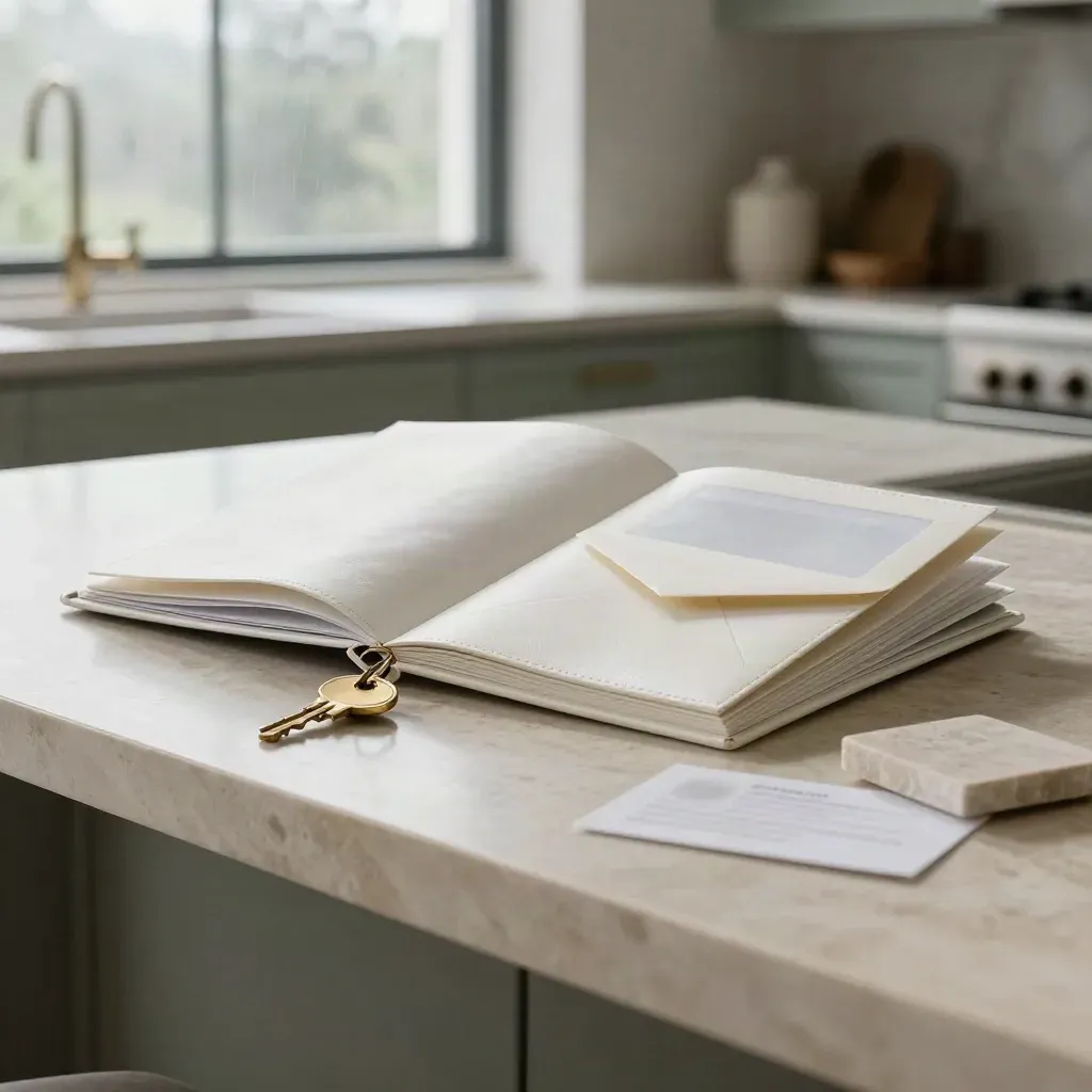 Pearl-white valuation folio with brass key ring, envelope and stone sample on a limestone island.