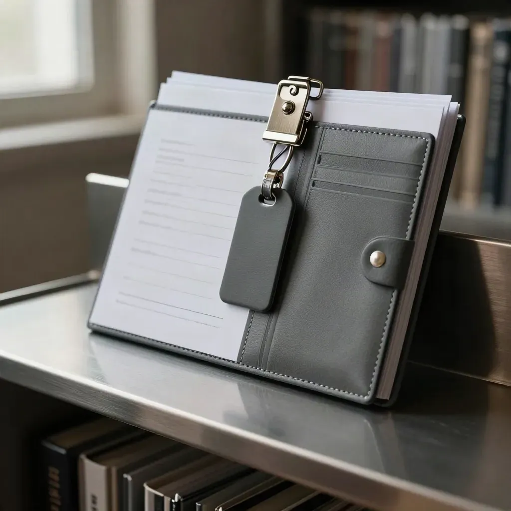 Compliance bundle on brushed steel with blank cards, sealed wallet and key tag under cool top light.