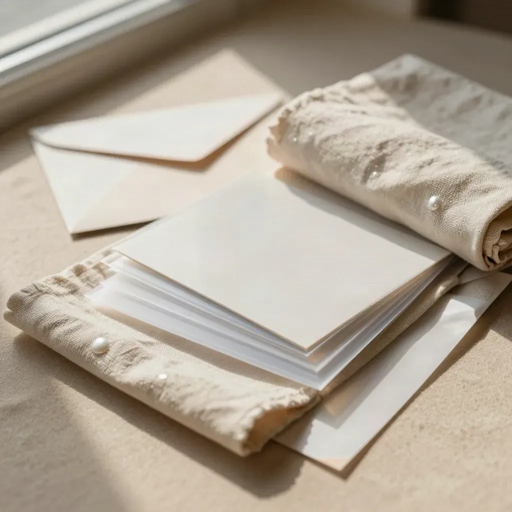 Half-unwrapped photo pack with proof cards, sleeves and cloth wrap on sand-toned fabric.