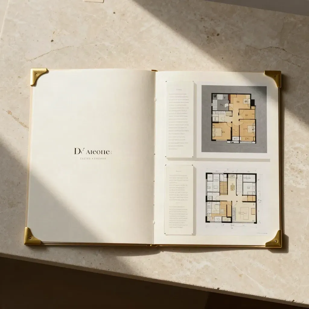 Overhead flatlay of a cream listing folder, print proofs, brass accents, and folded card sleeve on pale stone.